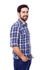 Fototapeta premium Portrait of young casual man smiling, isolated on white backgrou
