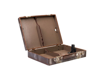 Vintage brown suitcase on white background