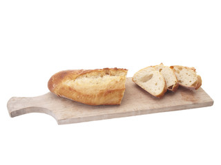 bread on cutting board isolated on white background
