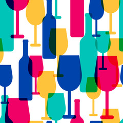 Abstract colorful cocktail glass and wine bottle seamless patter