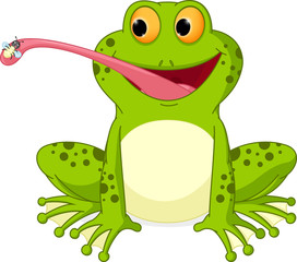 Naklejka premium Happy frog cartoon catching fly