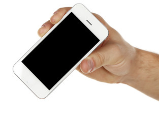 Hand holding mobile smart phone isolated on white