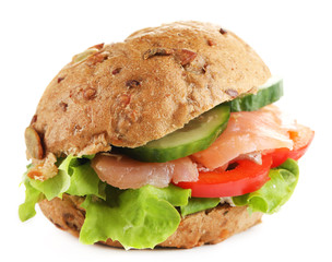 Sandwich with salmon isolated on white