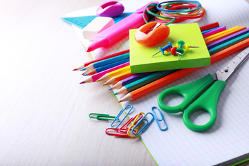 School supplies on desk, close-up