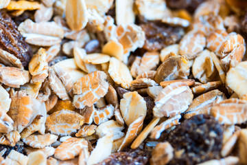 Close up of granola cereal with raisins and nuts