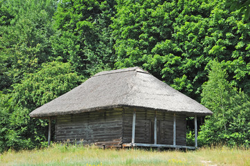 Fototapeta na wymiar Ancient traditional ukrainian rural barn with a straw roof