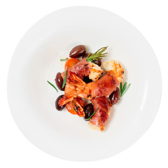 Shrimps with bacon, olives and rosemary, isolated