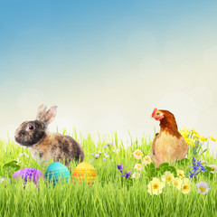 Easter bunny, hen and eggs