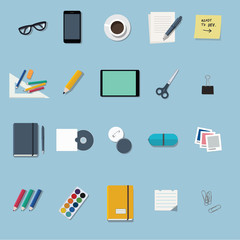 office supplies and stationery flat design icons set
