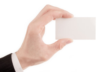 Businessman in suit holding a blank business card