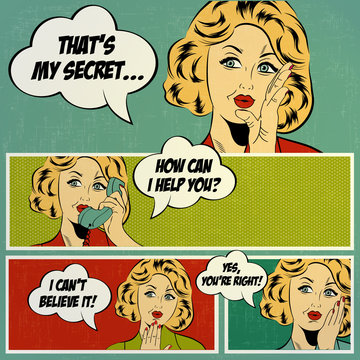 Illustrations for comic books with retro woman in pop art style