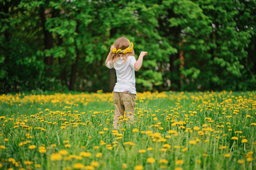 Fototapeta premium child girl in wreath walks on spring dandelion field
