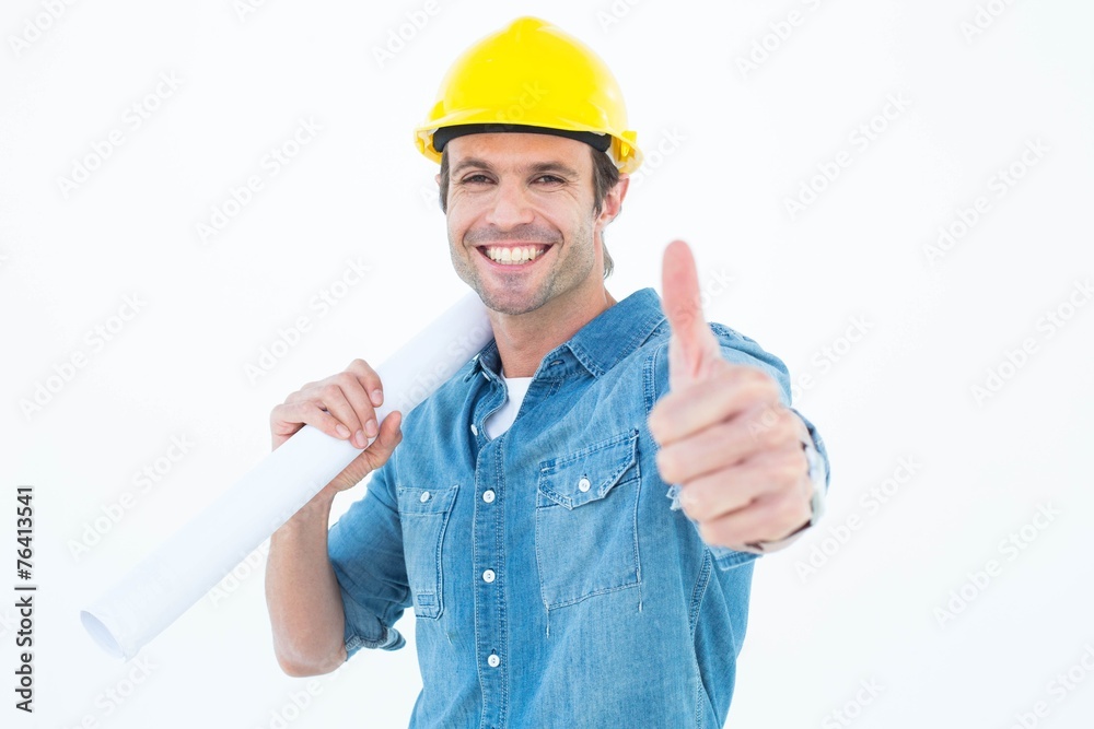 Poster architect holding blueprint while gesturing thumbs up