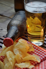 bottles of cold beer and chips