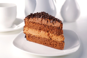 Delicious chocolate cake on plate on table on light background