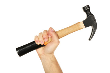 Male hand with hammer isolated on white