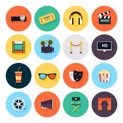 Set of movie design elements and cinema icons in flat style.