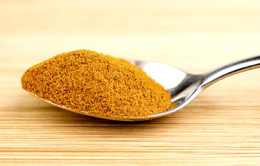 Bright turmeric powder in teaspoon