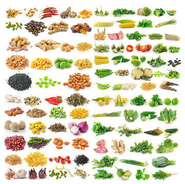 set of vegetable grains and herbs on white background