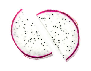 Two slices of dragon fruit isolated on white background