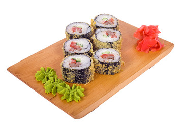 composition of sushi in tempura on a wooden board