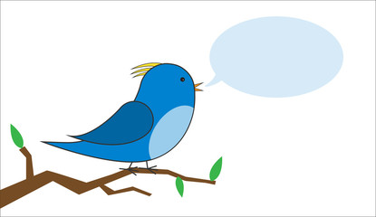 blue and yellow bird on a branch with a speech bubble vector