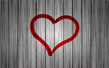 Corazón rojo en fondo de madera realista roja. Textura de madera