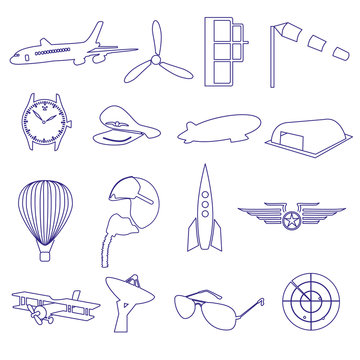 blue aeronautical and aviation outline icons set eps10