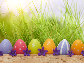 colorful easter eggs on nature background with spring grass