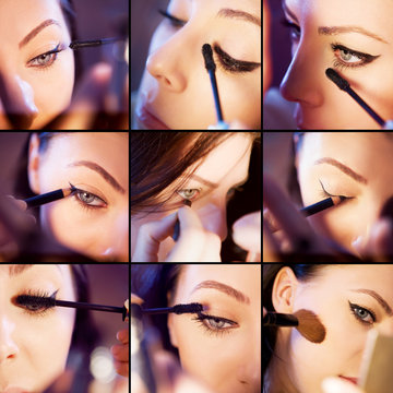 Makeup collage. Professional make-up example. Set of pictures