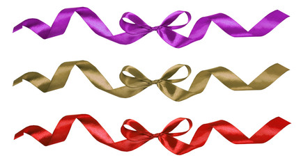 Set of fabric ribbons and bows. Perple, bronze, red.