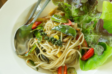 Spaghetti noodles on white plate