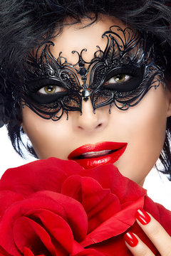 Beauty Fashion Woman with Elegant Mask. Red Lips and Manicure