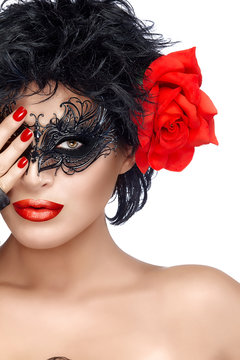 Beauty Fashion Woman with Elegant Mask. Red Lips and Manicure