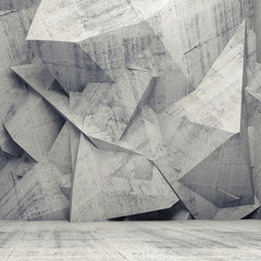 Empty gray concrete 3d interior with chaotic polygonal wall