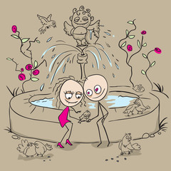 Lovers at the fountain fed birds