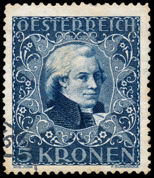 Stamp printed in Austria shows portrait of  Mozart