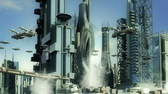 Alien planet city skyscrapers and hoovering aircrafts