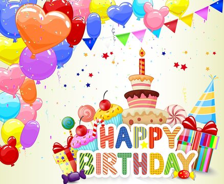 Birthday background with colorful balloon and birthday cake