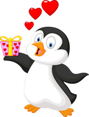 Cartoon penguin holding gift