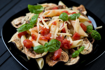 Italian pasta alla Norma. Close-up, horizontal shot