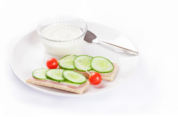 Diet sandwiches with yogurt, healthy food on white