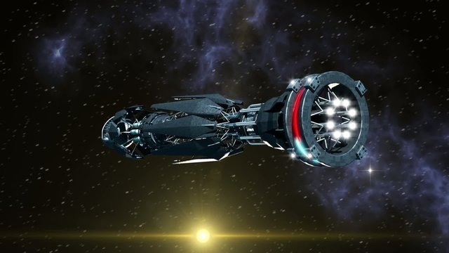 Futuristic spaceship with warp drive opening a wormhole