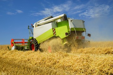 Obraz premium Nahaufnahme eines Mähdreschers bei der Getreideernte