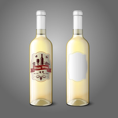 Two realistic bottles for white wine with labels isolated on