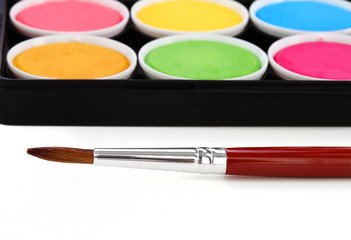 paints of different colors and slim paintbrush (brush)