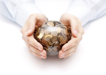 Crystal ball with money in hands