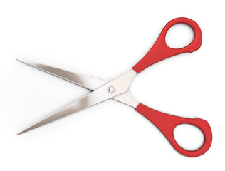Open red scissors on a white background