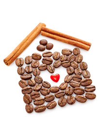 Coffee Beans, Heart, Cinnamon sticks on white background