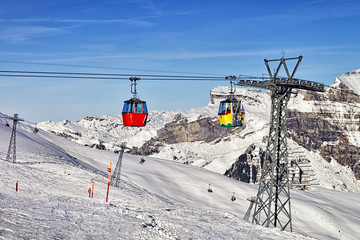 Cable car cabins on the swiss ski resort slope